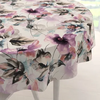 ubrus Sametový kulatý ubrus Tamara TMR-050 Abstraktní fialové květiny na smetanovém Ø 40 cm