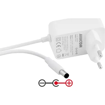 Článková baterie AVACOM napájecí adaptér 12V 1,5A 18W konektor 5,5mm x 2,1mm plus pól uprostřed
