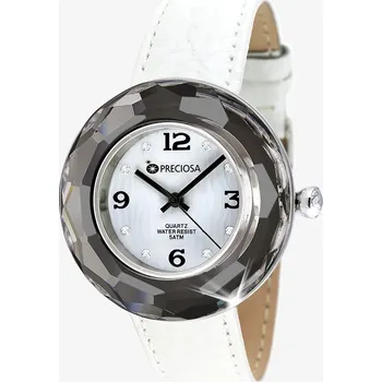 Hodinky Preciosa Hodinky Crystal Time s českým křišťálem Preciosa, chromové, bílý prošívaný řemínek