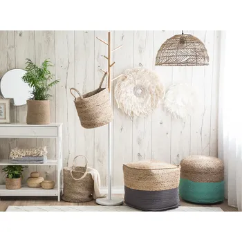 Taburet Pouf tmavě šedá / béžová juta / bavlna, hranatý boho styl Beliani