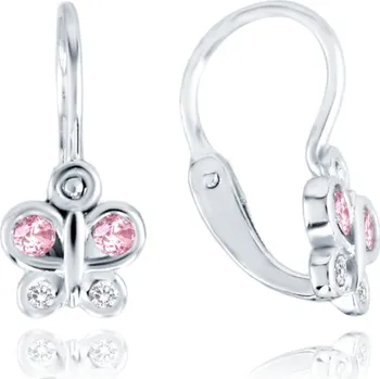 Náušnice Dětské náušnice s předním zapínáním motýlci z bílého zlata s bílými a růžovými zirkony Au 585/1000 0,95g