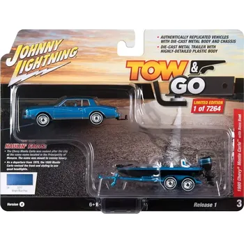 autíčko Chevy Monte Carlo s Bass Boat 1980 1:64 - Johnny Lightning Chevrolet Monte-Carlo with Bass Boat - sběratelský model autá 1/64