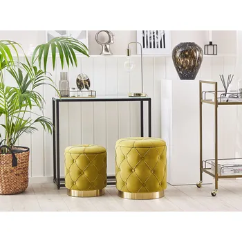 Taburet Puf Sada 2 kusů hořčice samet zlatá základna s úložným prostorem dekorativní tlačítka retro design Beliani