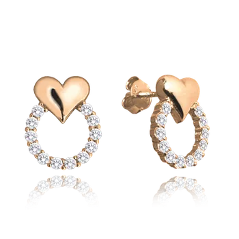 Náušnice Moonlit Stříbrné náušnice srdíčka s kruhem zirkonů pozlacené rose gold