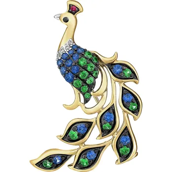 Brož Zlatá brož s brilianty, drahokamy a ozdobnými kameny - páv - ryzost 585 - 220.882