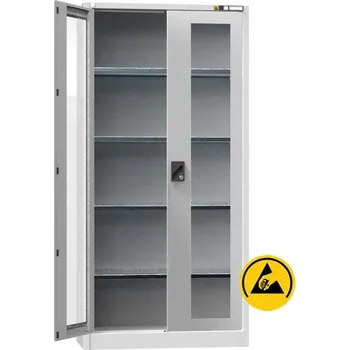 ESD dílenská skříň, v x š x h: 1950x950x400 mm, dveře dvoukřídlé prosklené, 4 police 100 kg, barva šedá RAL7035
