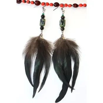 Náušnice JoyKa Pírkové Naušnice - Černá Dáma se Zelenou Perletí, Kohoutí láska, Black Spirit 3710