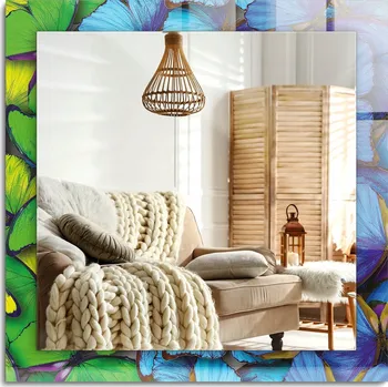 Zrcadlo Dekorativní závěsné zrcadlo s potiskem Modří a zelení motýli 60x60 cm