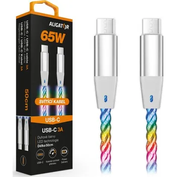 Datový kabel Aligator Power 3A 65W, USB-C/USB-C, 0,5m svítící
