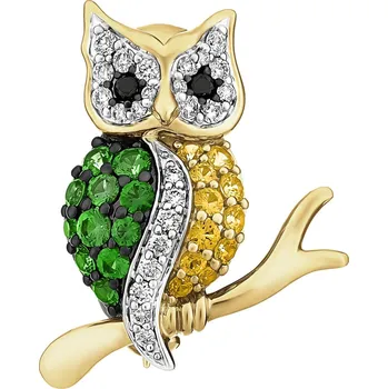 Brož Zlatá brož s brilianty, drahokamy a ozdobnými kameny - sova - ryzost 585 - 220.877