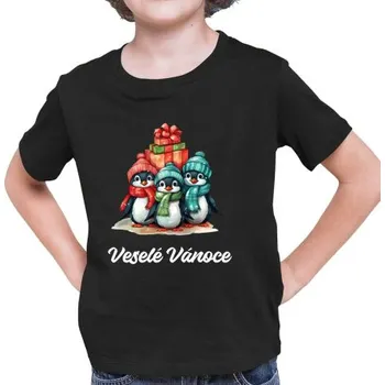Žertovný předmět Veselé Vánoce – tučňáci - dětské tričko s potiskem- Tričkový.cz