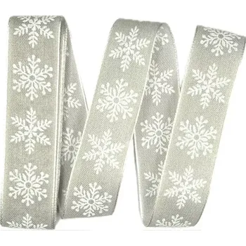 Stuha Vánoční stuha skládaná SNĚHOVÁ VLOČKA pastelově šedá 25mm x 2m (9,- Kč/m) ( Vánoční látková stuha, jednostranný potisk Sněhová vločka, pastelově šedá, tkaním zesílené okraje)