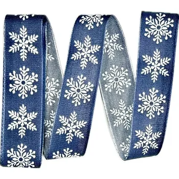 Stuha Vánoční stuha skládaná SNĚHOVÁ VLOČKA modrá 25mm x 2m (9,- Kč/m) (Vánoční látková stuha, bavlněná, jednostranný potisk sněhová vločka, modrá, s vetkaným vlascem v obou okrajích)