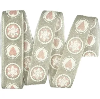 Stuha Vánoční stuha PINK SNOWFLAKES 25mm x 2m (8,50 Kč/m) (Vánoční látková stuha, pastelově šedá, potisk Srdce a Vločky růžové, jednostranný potisk, s vetkaným vlascem v obou okrajích)