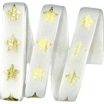 Stuha Vánoční stuha RUSTIC STAR 25mm x 2m (8,50 Kč/m) (Vánoční stuha saténová, bílá, jednostranný zlatý potisk, s vetkaným vlascem)