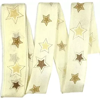 Stuha Stuhy vánoční CHOCOLATE STARS krémová 25mm x 2m (8,-Kč/m) (Stuha vánoční, bavlněná, s potiskem a drátkem v lemu)