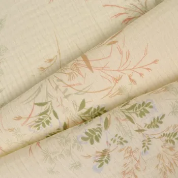 Látka mušelín / dvojitá gázovina Bella ecru jemné listy