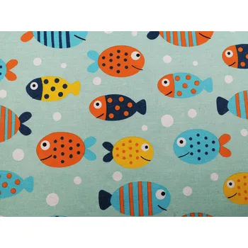 Bavlněná metráž / imitace lnu hrubší, ryby, barva mint