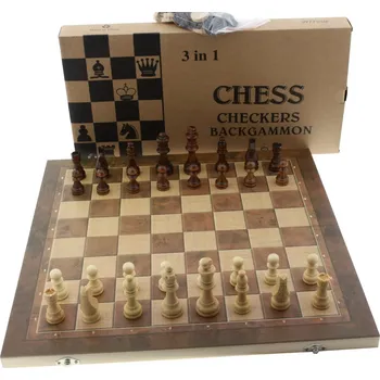 Šachy Dřevěný šachový set 3v1 – šachy, dáma, vrhcáby (44x44 cm, skládací šachovnice)