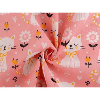 Bavlněná metráž / imitace lnu hrubší, kočka, barva 1 růžová