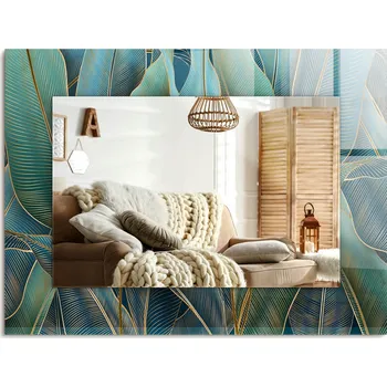 Zrcadlo Obdélníkové nástěnné dekorativní zrcadlo s možností montáže na výšku i na šířku, motiv Listy a linie, 80x60 cm