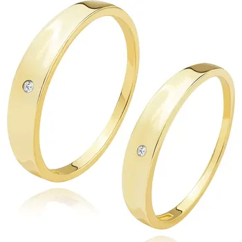 Prsten Zlaté snubní prsteny ze 14K žlutého zlata - čirý briliant, vnitřní přehnutá ramena - Velikost: 62