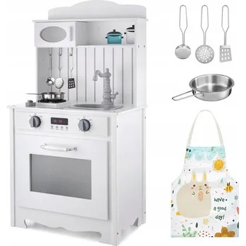 Dětská kuchyňka Dětská kuchyňka bílá dřevěná se zástěrkou, příslušenstvím a LED lampou