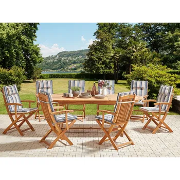 Zahradní sestava Sada zahradního nábytku světlý stůl z akátového dřeva židle s pruhovanými polštáři 8místná sada rustikální design Beliani