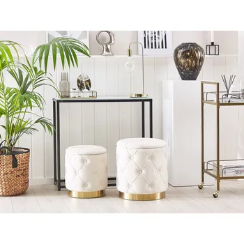 Obývací pokoj Puf Sada 2 kusů bílý samet zlatá základna s úložným prostorem dekorativní tlačítka retro design Beliani