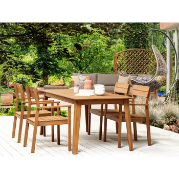 Zahradní jídelní sada světlý stůl z akáciového dřeva 180 x 90 cm 4 venkovní židle s područkami rustikální styl Beliani