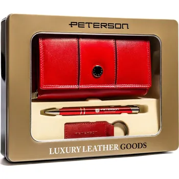 Peněženka Dárková sada: dámská kožená peněženka se zapínáním, klíčenkou a perem