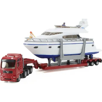 autíčko MAN Těžkotonážní tahač s valníkem a jachtou 1:87 - SIKU MAN Heavy transport with yacht - kovové modely aut 1/87