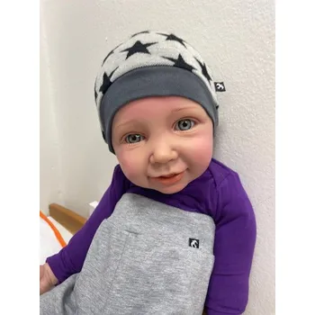 Čepice Merino čepice dvouvrstvá - černé hvězdy na šedé, Duomamas Velikost: 6-12 měsíců