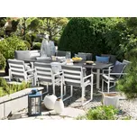 9dílná zahradní jídelní sada z bílého hliníku, rozkládací stůl a 8 židlí se šedými polštáři Beliani