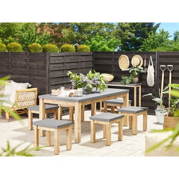 Zahradní sestava Zahradní nábytek sada stůl 6 stoličky šedá / světlá barva dřeva vlákno cement / akátové dřevo vnitřní a venkovní zahrada ložnice obývací pokoj Beliani