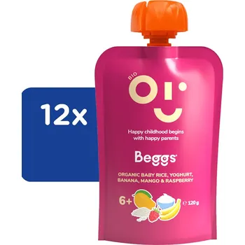 Beggs BIO Dětská rýže s jogurtem, banánem, mangem a malinami - 12 x 120 g