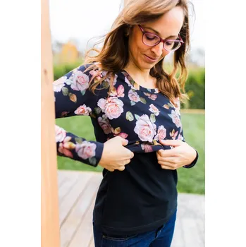 Těhotenské šaty Kojící i těhotenské tričko Shara - černá/květy na černé Velikost: M, Vzor: černá/květy na černé