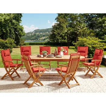 Zahradní sestava Sada zahradního nábytku světlý stůl z akátového dřeva židle s červenými polštáři 8místná sada rustikální design Beliani