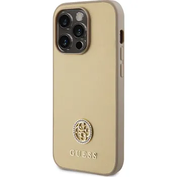 Pouzdro na mobilní telefon Zadní kryt Guess PU 4G Strass Metal Logo pro Apple iPhone 15 Pro, zlatá