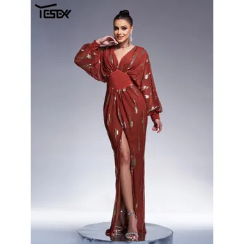 Dámské šaty Večerní maxi šaty LC10306 Barva: Hnědá, Velikost: M