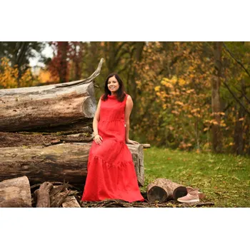 Dámské šaty Nelly Červené lněné boho šaty - dlouhé velikost: M