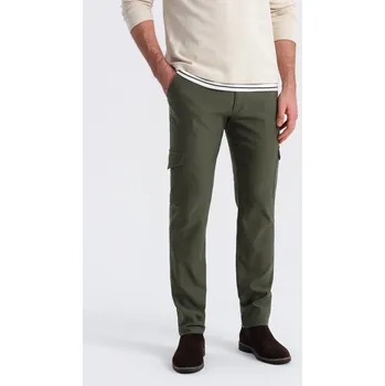 Pánské kalhoty REGULAR z tkaniny s nákladními kapsami - tmavě olivově zelené V1 OM-PACG-0178 - M