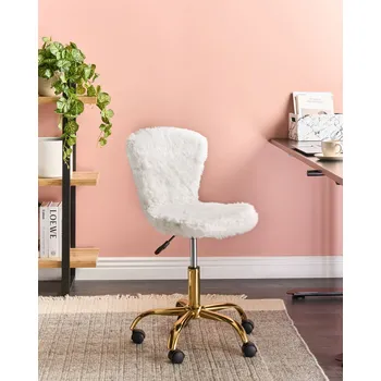 Kancelářská otočná židle bílá umělá kožešina se zlatou základnou s nastavitelnou výškou moderní design domácí kancelář Beliani
