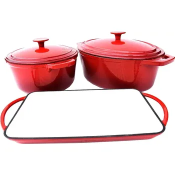 Sada nádobí Sada litinového nádobí červeně smaltované s plochým pekáčem (litinový pekáč s poklicí, hrnec s poklicí a plochý pekáč červený smalt)