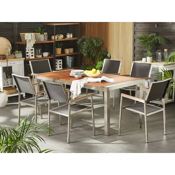 Sada zahradního stolu a židlí ze světlého eukalyptového dřeva 180 x 90 cm, 6 stohovatelných šedých židlí Beliani