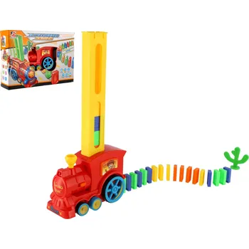 Vláček a vláčkodráha Teddies Lokomotiva/Vlak domino stavěcí plast 16cm na baterie se zvukem se světlem v krabici 33x23x8cm