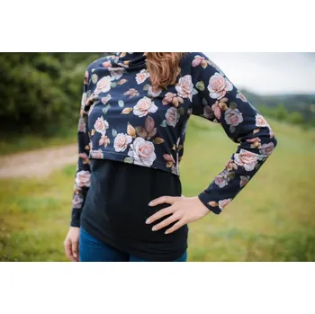 Těhotenské šaty Shara Mikina těhotenská i kojící - černá/květy na černé Velikost: M, Vzor: černá/květy na černé