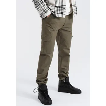 Pánské kalhoty s nákladovými kapsami a lemem nohavic - tmavě olivově zelené V1 OM-PACG-0189 - XL