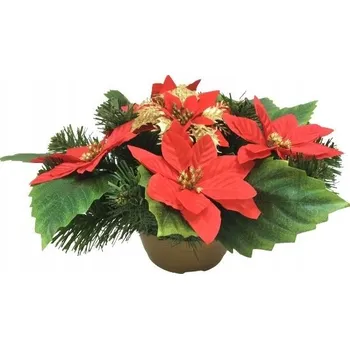 umělá květina HOTOVÝ DEKORACE KVĚTINÁČ na hřbitov, vazba HVĚZDA betlémská červená