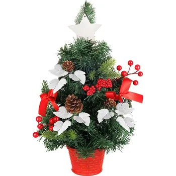 Vánoční dekorace Vánoce Mini stromek MagicHome ozdobený, červený, s listy, 40cm